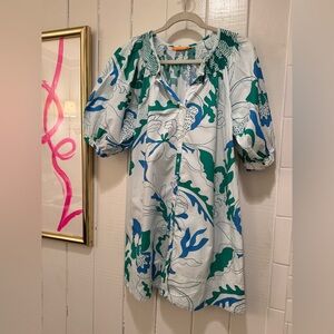 Oliphant Blue & Green Floral Embroidered Botton Dress